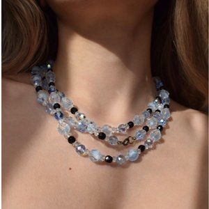 VINTAGE CRYSTAL BEADS BLUE 3 ROW STRING CHOKER NECKLACE